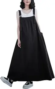 LAPOOH Women Summer Vintage Loose Denim Overall Dress - Adjustable Shoulder Straps Square Collar Side Pockets Solid Color Sleeveless Casual and Comfortable Ankle-Length Pinafore Dress - Suitable for