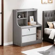 Bedside Table Bedroom Nordic Light Gray & White, Lockable Drawer, Curved Sides