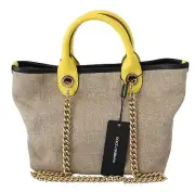 Dolce&Gabbana Women Beige Handbag Linen Leather Chain Strap Shoulder Tote Bag