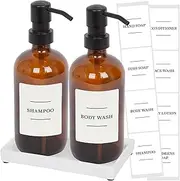 Harbour Housewares 2pc Glass Soap Dispenser with Ceramic Tray & Labels - Amber/White - 500ml Refillable Soap Dispensers Hand and Dish Liquid Pump for Bathroom, Kitchen, Laundry Room