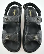 Chanel REV Black Caviar Gold CC Logo Mule Slide Strap Flat Teva Dad Sandal 39.5