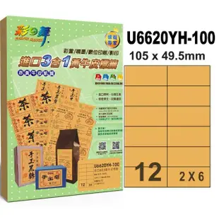 【彩之舞】進口3合1黃牛皮標籤 100張/組 12格直角 U6620YH-100(A4、貼紙、標籤紙)