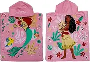 Official Disney Princess Hooded Towel Poncho Super Soft Feel Ariel and Moana Princess Duo Kids Robe Perfect for Home, Bath and Beach Pink 100%
