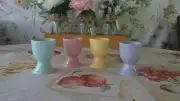 Set of 4 Vintage Pastel Egg Cups – Purple Pink Yellow Green – 2.75" Tall