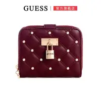 在飛比找Yahoo奇摩購物中心優惠-【GUESS】菱格縫線水鑽鎖扣側拉鍊短夾-酒紅