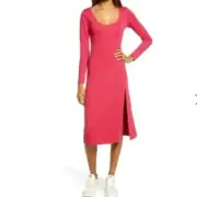 NWT Leith Long Sleeve Slit Midi Sweater Dress Red XS