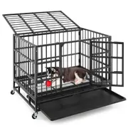 Costway 96CM Foldable Metal Dog Cage Chew-proof Dog Crate Portable Dog Kennel Crate w/Lockable Wheels