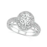 Oval White Lab-Created Sapphire Frame Scallop Border Shank Antique Vintage-Style Ring in Sterling Silver