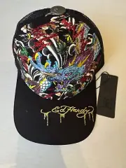 Ed Hardy Trucker Hat Cap Snapback Black, Dragon, Studded Bling Embroidered NWOT