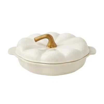 Pioneer Woman Pumpkin Pie Plate Lid Linen 10"dia Stoneware Bake Dish White Gold