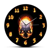 Demon Skull in Fire with Burning Numbers Modern Wall Clock Heavy Metal Flaming