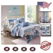 Kids' Reversible Quilt Set with Cute Cloud and Unicorn Pillows - Full/Queen