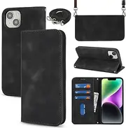 Cavor Flip Cover for iPhone 13 Case iPhone 14 6.1'' Crossbody Wallet Case for Women Man PU Leather Magnetic Shoulder Lanyard with Card Slots Kickstand Protective Phone Cases-Long Strap Black