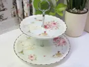 NEW - European Platinum Rose Two Tier Ceramic Plate Stand - White & Pale Blue