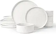 [LIANYU] Stoneware Dinnerware Sets, 12 Piece Plates and Bowls Dish Set for 4, Kitchen Speckled Dinner Ware Dining Dishware, Microwave & Dishwasher Safe, Polar White
