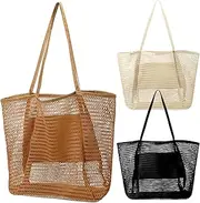 [Zonon] 3 Pcs Crochet Mesh Beach Tote Bag for Women Summer Hollow Woven Straw Bag Knitted Shoulder Handbags for Boho Aesthetic