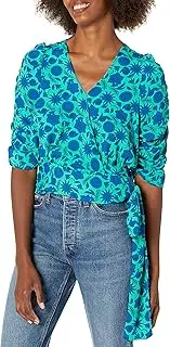 [Buffalo David Bitton] David Bitton Women's Natala Ruched Sleeve WRAP Blouse, CLOISSONE Print