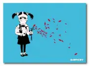 BANKSY-GAS MASK GIRL Petals QUALITY CANVAS Print Graffiti Poster blue 45cm