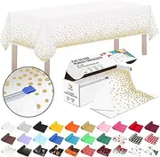 CXPSINC 54 Inch X 100 Feet Plastic Table Cover Roll Disposable Tablecloth with Slide Cutter for All Type/Shape Tables | Picnic, Party, Banquet, Birthdays, Weddings (White & Gold Dot, 100 Feet)