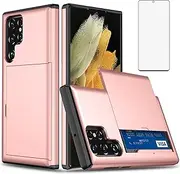 [Asuwish] Phone Case for Samsung Galaxy S22 Ultra 5G with Tempered Glass Screen Protector and Credit Card Holder Wallet Cover Hard Hybrid Cell Accessories Gaxaly S22ultra 22S S 22 22ultra G5 Rosegold
