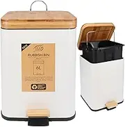Eco Basics Square Rubbish Bin 6L, White – Eco-Friendly Waste Bin with Recycled Plastic, Bamboo Lid & Pedal, Soft Close, Compact Design for Toilets, Kitchens, Living Rooms & Small Spaces, 30x26x20cm