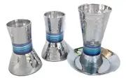 gift set for Shabbat Aluminum textured blue/silver Candlesticks & kiddush cup