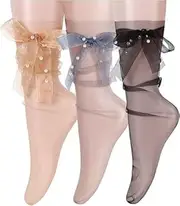 [Generic] 3 Pair Women Sheer Lace Socks Fashion Girls Tulle Slouch Mesh Loose Clear Socks