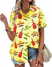[LUKYCILD] Cinco De Mayo Shirts for Women Mexican Fiesta Tee Lets Fiesta Funny Graphic Tops Casual Button Down Blouse Top, Yellow, Large