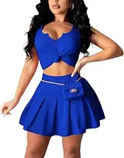 [Hyujoda] Womens Bodycon Clubwear Dress Set - Tie Knot Front Crop Tank Top High Waist Pleated Mini Skirt Two Piece Outfit Suit Set