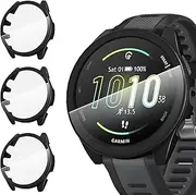 Suoman 3 Pack for Garmin Forerunner 165 Case, 9H Tempered Glass Screen Protector, All-Coverage PC Protective Cover -Black