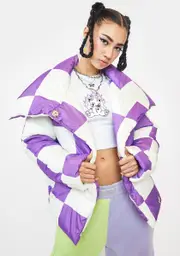 [Girlfriend Material] Purple Checkerboard Puffer Jacket