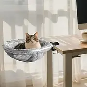 Sturdy Cat Desk Hammock for Remote Workers,Gamers and Office Staff-Integrated Die-cast Clamp,no Flimsy -Soft Faux Fur with Strong Steel Frame–Small Pet Bed for Desk or Gaming Station Use (Round)
