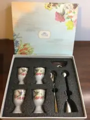 Noble Egg Set 4 Porcelain Egg Cups + 4 18/10 Stainless Spoons + Egg Timer & Book