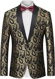 [JEShifangjiusu] Mens Suits Slim Fit Floral Tuxedo Jacket Classic Shawl Lapel Suit Blazer with Bow Tie for Prom Wedding Party, Gold, L