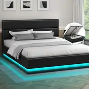 ALFORDSON Gas Lift Storage Bed Frame Base with Headboard & LED Light Bertold Series, Mattress Topper Platform Foundation with PU Leather Upholstery, 320kg Capacity, Double,Black Colour