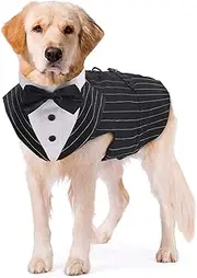 GoFunway Dog Tuxedo Suit and Bandana Set, 2 Pack Pet Costume Puppy Formal Party Suit Wedding Attire for Large Medium Dogs Golden Retriever, Samo Bulldogs Prince Bow Tie Shirt (Black Stripe, X-Large)