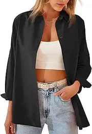 [Zontroldy] Casual Loose Button Down Long Sleeve Shirts for Women Dressy Oversized Solid Color Boyfriend Shirt Boluse Tops