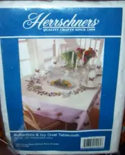 Herrschners Needlecraft Embroidery Tablecloth ~ BUTTERFLIES & IVY ~ Oval 60"x90"
