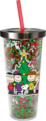 Peanuts Gang in front of Christmas Tree 16 oz Glitter Travel Cup with Straw NEW