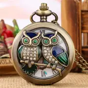 Gold/Bronze Tone Quartz Pocket Watch Diamond-encrusted Owl Valentines Day Gifts