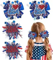 4PCS 4th of July Hair Bows for Girls, Red White Blue USA Patriotic Hair Accessories, Amercian Flag Star Bows Clips for Girls Toddlers Teens for Independence Memorial Day Party Dress