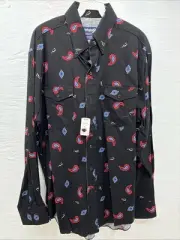 New Men’s Wrangler Black Designed Long Sleeve Button Up 16.5 Large Q-76