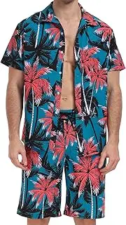 AUTOWT Men's Retro 80s 90s Hawaiian Outfits, 2PCS Tropic Beach Tracksuit Shirt and Shorts Set, Floral Print Casual Short Sleeve Button Down Shell Suit Cuban Shirts for Vacation Carnival Disco Party