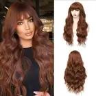 Long Auburn Wavy Wig With Bangs for Women 26 Inch Curly Wavy Wig With Bangs N...
