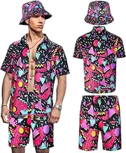[Geosar] Men's 2 Pieces 80s 90s Outfit Retro Shirts and Shorts Set with Hat Hawaiian Beach Tracksuits for Men Disco Party