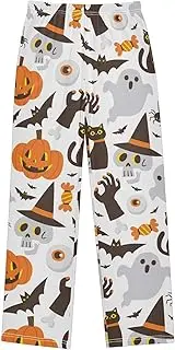 [ZZXXB] Skull with Witch Hat Cat Boys Long Pants Soft Trousers Elastic Waist Kids Lounge Bottoms with Pockets S-XL