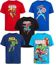 [Marvel] Avengers Boys’ T-Shirts – 5 Pack Superhero Shirts: Spider-Man, Hulk, Captain America, Iron Man, Black Panther (2T-16)