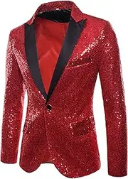 [Aosufei] Men's Dress Floral Suit Notched Lapel Slim Fit Stylish Blazer Dress Suit Shiny Sequin One Button Suit Jacket