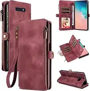 Compatible with Samsung Galaxy S10e Wallet case with Zipper Credit Card Holder Wrist Strap Flip Folio Book PU Leather Folio Purse Stand Cell Accessories Phone Cover for S 10e 10se Se10 Girls Red