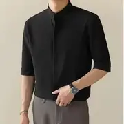 Short-Sleeve Stand Collar Plain Concealed Button Shirt Black - 2XL